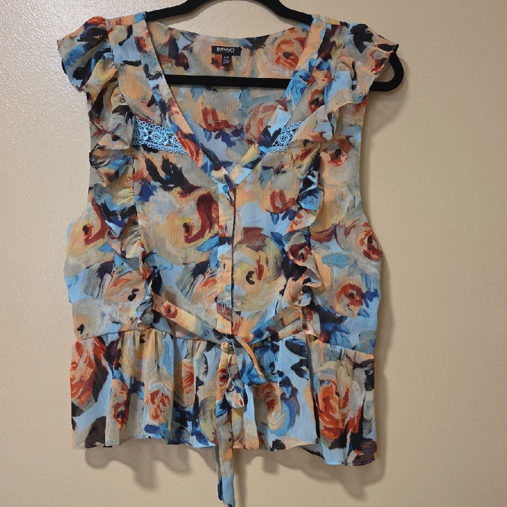 Buffalo Floral Ruffle Blouse - Blue and Orange Lg